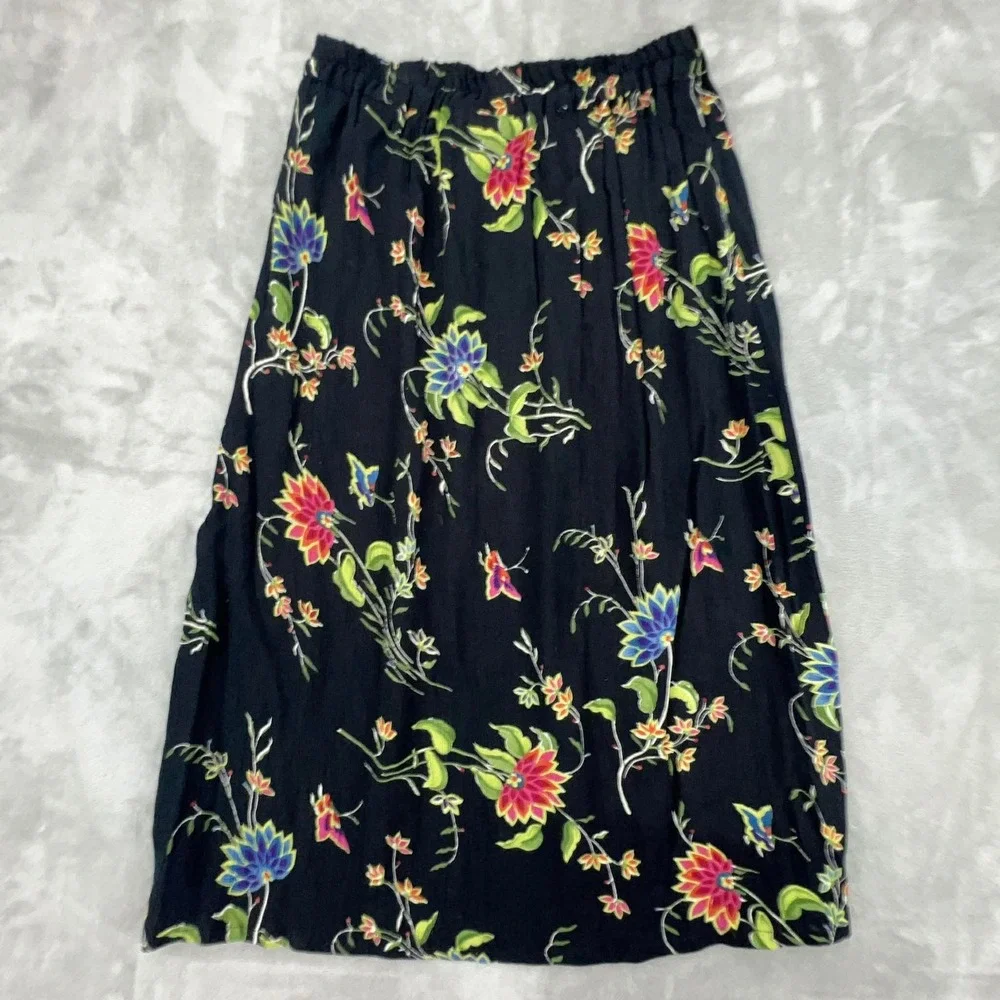 Japna Floral Midi Skirt Black Rayon‎ Elastic Waist Boho Butterfly Print Small